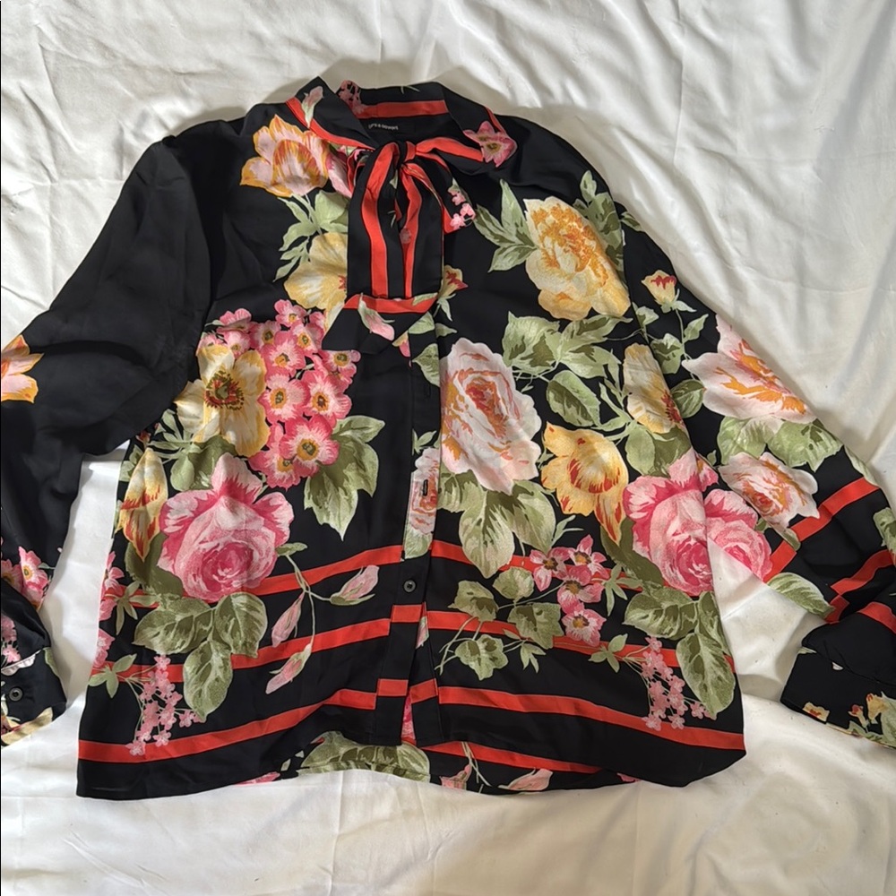 Floral Black Blouse with Pink and Yellow Accents